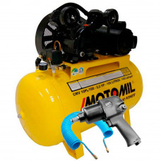 Kit Compressor 10 Pés Monofásico Bivolt Motomil CMV10PL/100 + Chave Parafusadeira Pneumática de 1/2 Pol. + Mangueira 15 Metros - MOTOMIL-K661