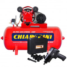 Kit Compressor de Ar CHIAPERINI 19751 Média Pressão Red 10 Pés Trifásico + Chave Parafusadeira de Impacto Pneumática FG3300.13  - CHIAPERINI-K1158