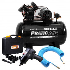 Kit Compressor de Ar Pratic Air  Schulz CSV10/100 + Chave Parafusadeira de Impacto Jogo com 13 Peças  + Mangueira 15m - SCHULZ-K4CCM